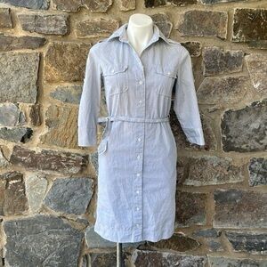 J. Crew Factory Pin Striped Belted Collared Shirt Dress in White & Blue Size 0
